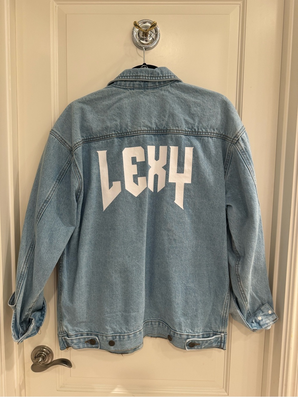 Custom Lexy Graphic Spikes & Seams Light Blue Denim Jacket